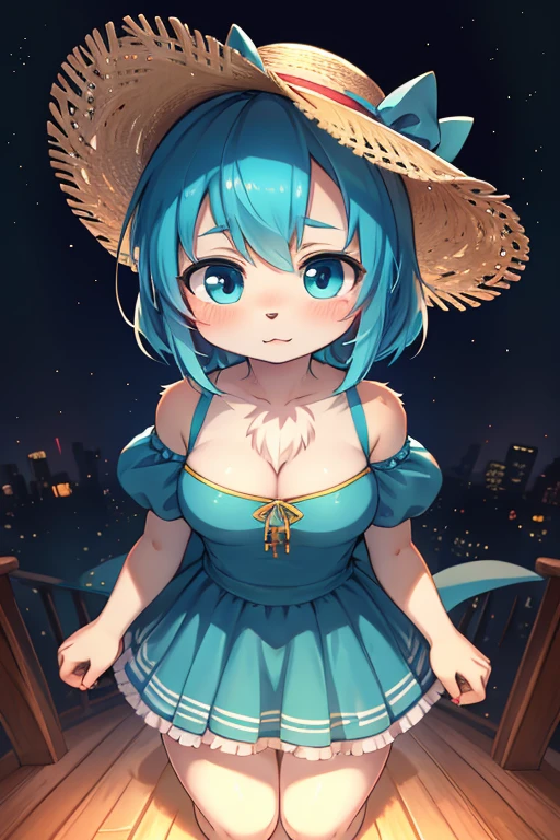 Unrealistic Perspective , dynamic angle , rule of thirds Layout , Bokeh  , dynamic fashion model action , realistic hairy fur , round face , moist round eyes , Swollen cheeks , hair ties , Short stature , accidents , Happenings , sensational , Blue haired anime girl in a straw hat and blue dress, artwork in the style of Gweitz, Beautiful anime portraits, Gweitz, Beautiful Anime Girls, beautiful Anime Style, Turquoise hair anime girl, Anime Style. 8k, In the art style of Bouwater, Beautiful digital illustrations, Beautiful character drawings, Stunning Anime Face Portraits