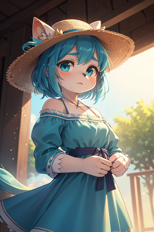 Unrealistic Perspective , dynamic angle , rule of thirds Layout , Bokeh  , dynamic fashion model action , realistic hairy fur , round face , moist round eyes , Swollen cheeks , hair ties , Short stature , accidents , Happenings , sensational , Blue haired anime girl in a straw hat and blue dress, artwork in the style of Gweitz, Beautiful anime portraits, Gweitz, Beautiful Anime Girls, beautiful Anime Style, Turquoise hair anime girl, Anime Style. 8k, In the art style of Bouwater, Beautiful digital illustrations, Beautiful character drawings, Stunning Anime Face Portraits