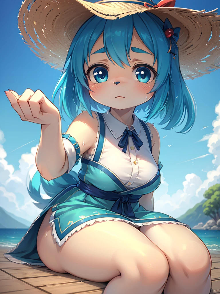 Unrealistic Perspective , dynamic angle , rule of thirds Layout , Bokeh  , dynamic fashion model action , realistic hairy fur , round face , moist round eyes , Swollen cheeks , hair ties , Short stature , accidents , Happenings , sensational , Blue haired anime girl in a straw hat and blue dress, artwork in the style of Gweitz, Beautiful anime portraits, Gweitz, Beautiful Anime Girls, beautiful Anime Style, Turquoise hair anime girl, Anime Style. 8k, In the art style of Bouwater, Beautiful digital illustrations, Beautiful character drawings, Stunning Anime Face Portraits, Sit down and show your butt from the front
