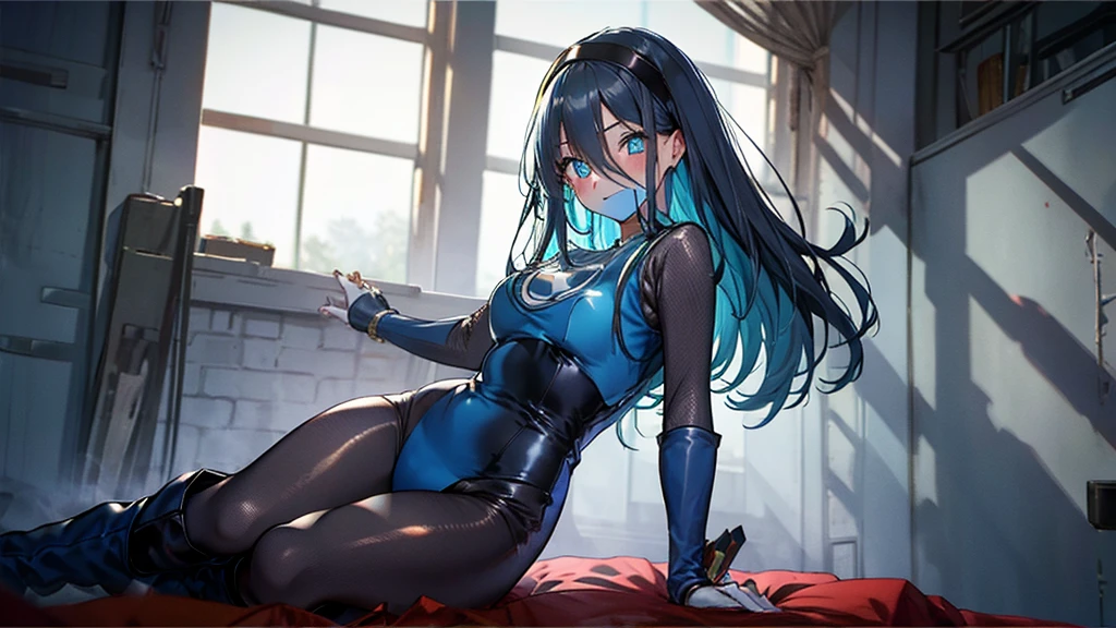 highest quality,Lie on your back in bed，Bow-legged，Show me your boots，Thigh-high boots，leotardチラ見せ，Gloves，elegant, 1 girl, leotard，Bodysuits，cute, Blushed, Looking at the audience, From below, prison，blue eyes, Beautiful Eyes, Beautiful background, Particles of light, Light of the sun, Dramatic lighting, outside, Shiny, Realistic, Tabletop, highest quality, Very detailed, Get used to it, scenery, Beautiful and detailed, Thin Hair，Full Body Shot，