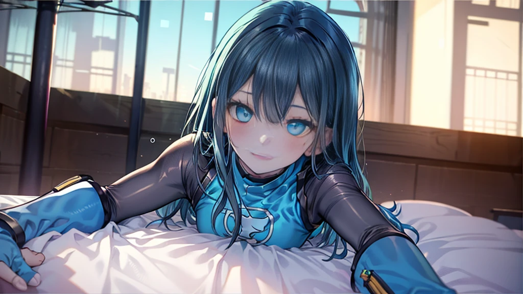 highest quality,Lie on your back in bed，Bow-legged，Show me your boots，Thigh-high boots，leotardチラ見せ，Gloves，elegant, 1 girl, leotard，Bodysuits，cute, Blushed, Looking at the audience, From below, prison，blue eyes, Beautiful Eyes, Beautiful background, Particles of light, Light of the sun, Dramatic lighting, outside, Shiny, Realistic, Tabletop, highest quality, Very detailed, Get used to it, scenery, Beautiful and detailed, Thin Hair，Full Body Shot，