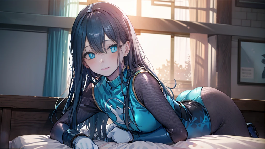 highest quality,Lie on your back in bed，Bow-legged，Show me your boots，Thigh-high boots，leotardチラ見せ，Gloves，elegant, 1 girl, leotard，Bodysuits，cute, Blushed, Looking at the audience, From below, prison，blue eyes, Beautiful Eyes, Beautiful background, Particles of light, Light of the sun, Dramatic lighting, outside, Shiny, Realistic, Tabletop, highest quality, Very detailed, Get used to it, scenery, Beautiful and detailed, Thin Hair，Full Body Shot，