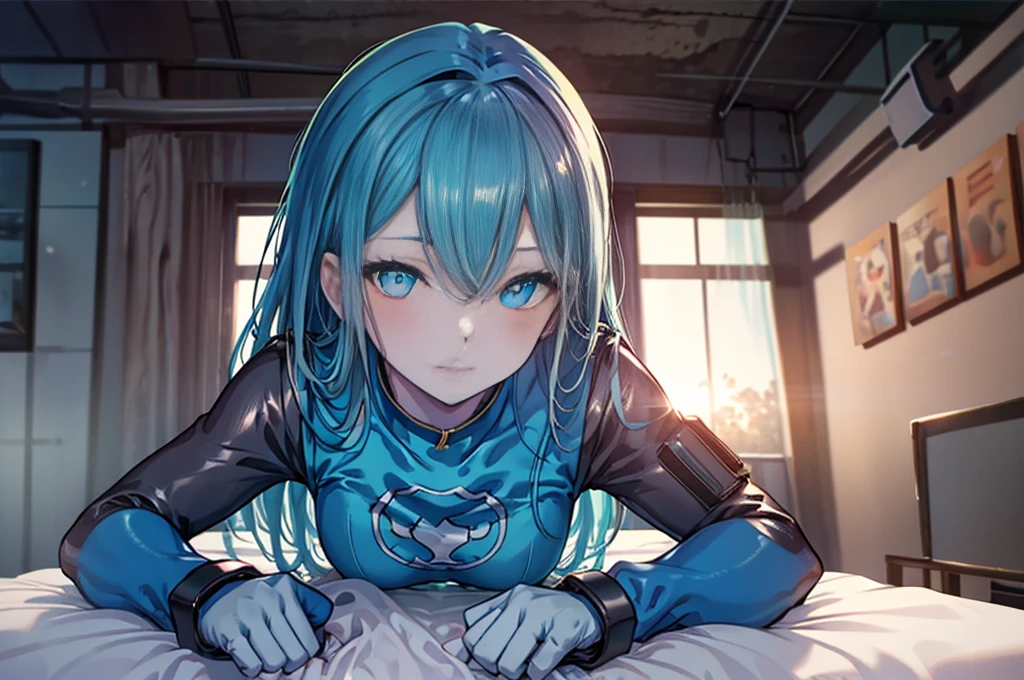 highest quality,Lie on your back in bed，Bow-legged，Show me your boots，Thigh-high boots，leotardチラ見せ，Gloves，elegant, 1 girl, leotard，Bodysuits，cute, Blushed, Looking at the audience, From below, prison，blue eyes, Beautiful Eyes, Beautiful background, Particles of light, Light of the sun, Dramatic lighting, outside, Shiny, Realistic, Tabletop, highest quality, Very detailed, Get used to it, scenery, Beautiful and detailed, Thin Hair，Full Body Shot，