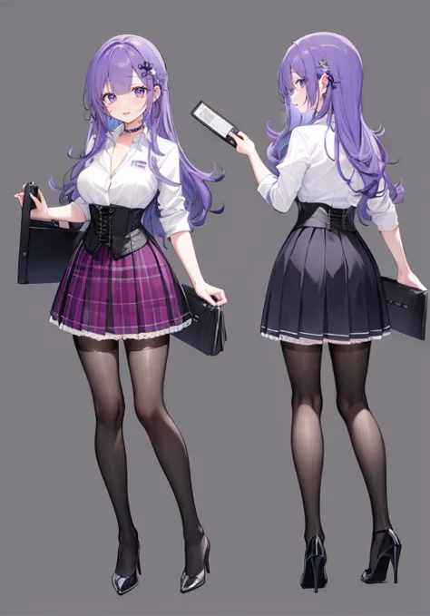 Purple hair,long hair,Adult female,(bartender),((Roll up your shirt sleeves)),(Rolling up the sleeves of his shirt),(corset),(sk...