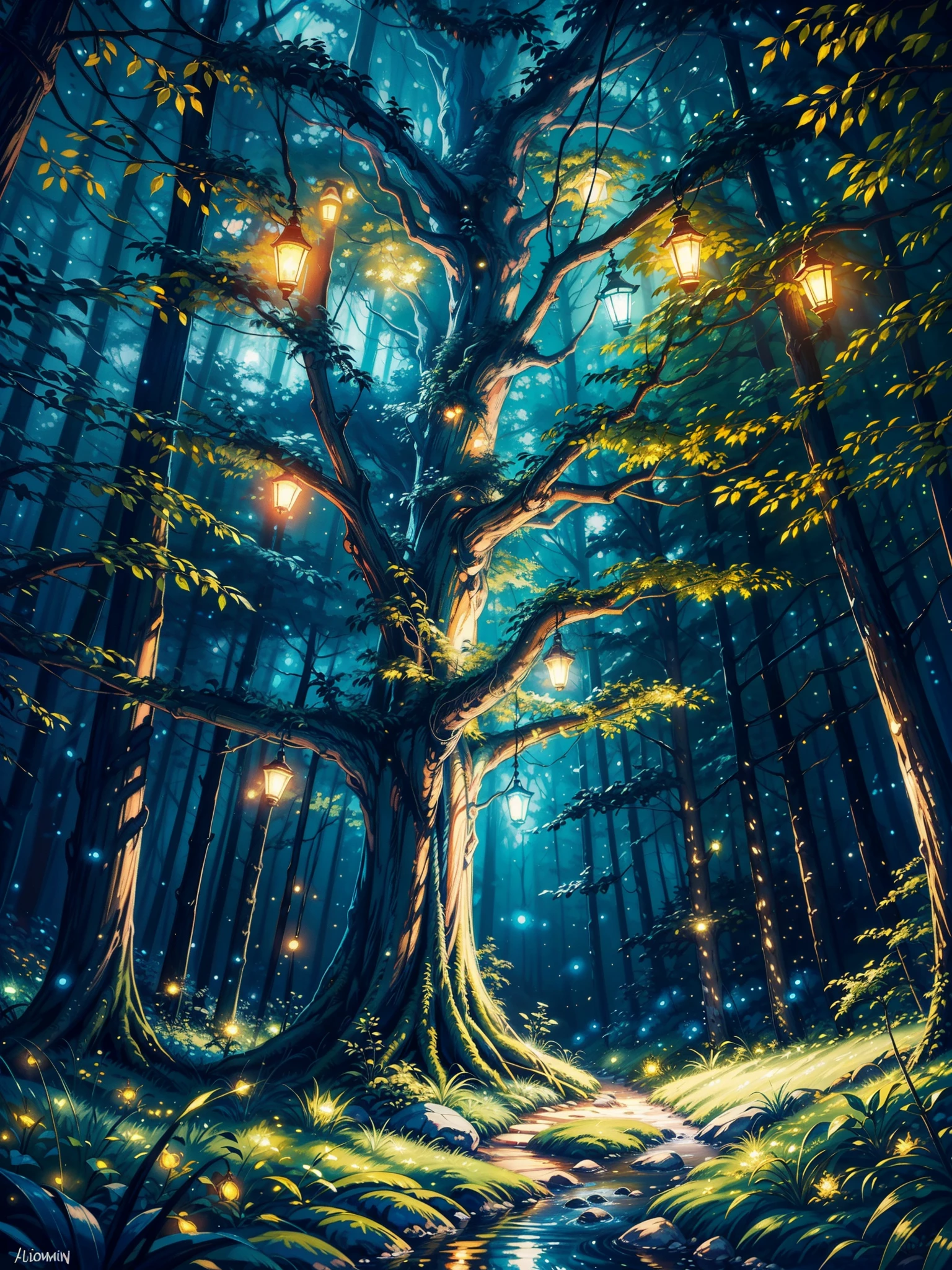 a painting of a tree with lights hanging from it's branches, luminescent oil painting, vibrant gouache painting scenery, nighttime nature landscape, golden orbs and fireflies, dim painterly lighting aquatic, firefly forest at night, lothlorien at night, magical forest with fireflies, blue fireflies, intricate oil pastel glow, glowing fireflies