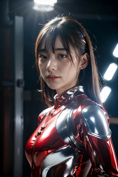 Ultraman、realistic、realistic、cinematic lighting, Girl in a shiny red and silver suit、15 years old、professional photos、Don&#39;Do...