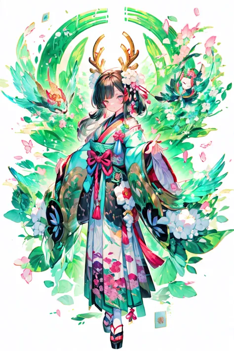 (Masterpiece:1.2)，Best quality，white backgrounid，Bamboo leaves，（1Blittle girl：1.5，Full body standing painting，looking at viewert...