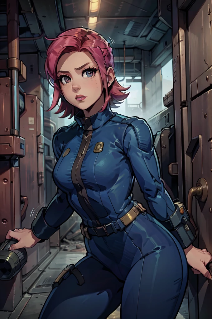 Mayl Sakurai reimagined as a vault dweller, doing maintenance in an underground vault. Her vibrant pink hair stands out against the dimly lit environment. She is a 26-year-old woman dressed in a vault dweller jumpsuit, indicative of her role in the post-apocalyptic world. The jumpsuit is worn but still functional, reflecting the harsh conditions of life underground. Her face is beautifully detailed, with expressive eyes that convey determination and intelligence. Her lips are also well-defined, adding to her overall allure.

In the vault, Mayl Sakurai is seen operating a pipboy, a wrist-worn device that serves as an essential tool and information hub for survival in the vault. The pipboy's screen emits a soft glow, illuminating Mayl's face and casting a subtle green hue on the surroundings. The details on the pipboy, from its buttons to its display, are extremely detailed, showcasing its futuristic design.

The underground vault is filled with mechanical equipment and pipes, emphasizing the importance of maintenance in this post-apocalyptic world. The atmosphere is gritty and industrial, with a hint of mystery and danger. The lighting is dim and has a hint of blue tones, enhancing the underground ambiance.

Despite the grim surroundings, Mayl Sakurai exudes confidence and strength as she jumps into action, ready to fulfill her duties as a vault dweller. Her posture and expression suggest that she is prepared to face any challenge that comes her way.

The image quality should be at its best, with 4K resolution and ultra-detailed rendering, capturing every intricate detail of the scene. The colors should be vivid, emphasizing the contrast between Mayl's vibrant pink hair and the dimly lit environment. The overall style should lean towards a post-apocalyptic concept art aesthetic, blending realism with a touch of fantasy.

In summary, the Stable Diffusion prompt for the provided theme would be:
Mayl Sakurai reimagined as a vault dweller, doing maintenance in an undergr