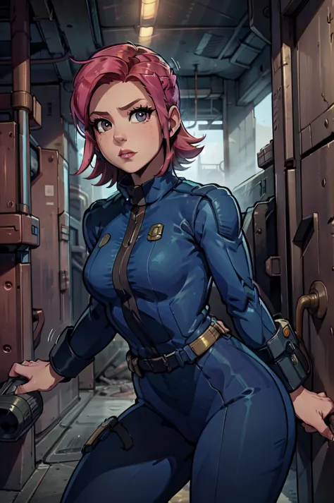 Mayl Sakurai reimagined as a vault dweller, doing maintenance in an underground vault. Her vibrant pink hair stands out against ...