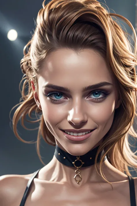 a close-up image of a beautiful woman with a choker, 25 years old, super happy, big smile, wide eyes, realistic skin, super defi...