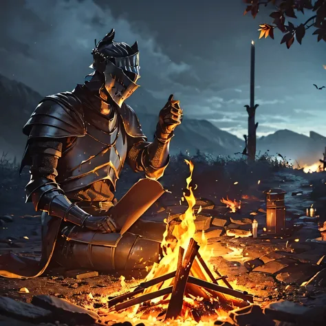 ((dark souls armor)), (((sit by the fire))) (knight on left side bonfire) the forest, night, beautiful crescent