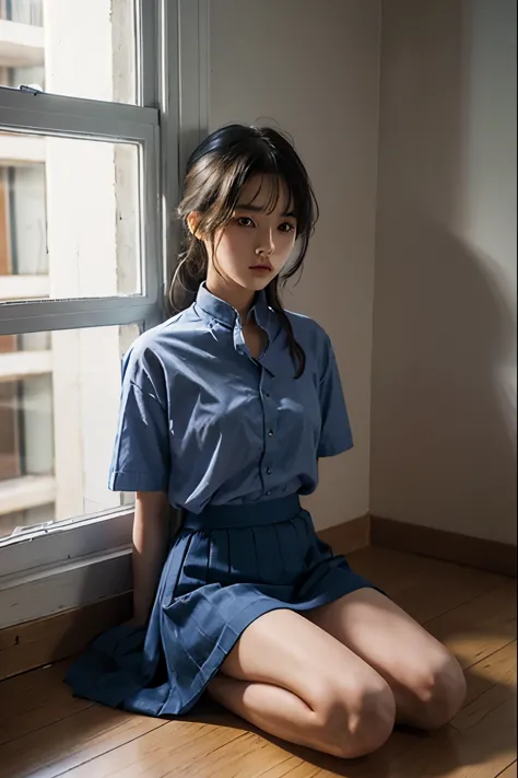 A cute girl is confined and tied up、A room with the lights on at night、Blue semi-long skirt、Red short sleeve shirt、Sitting on th...