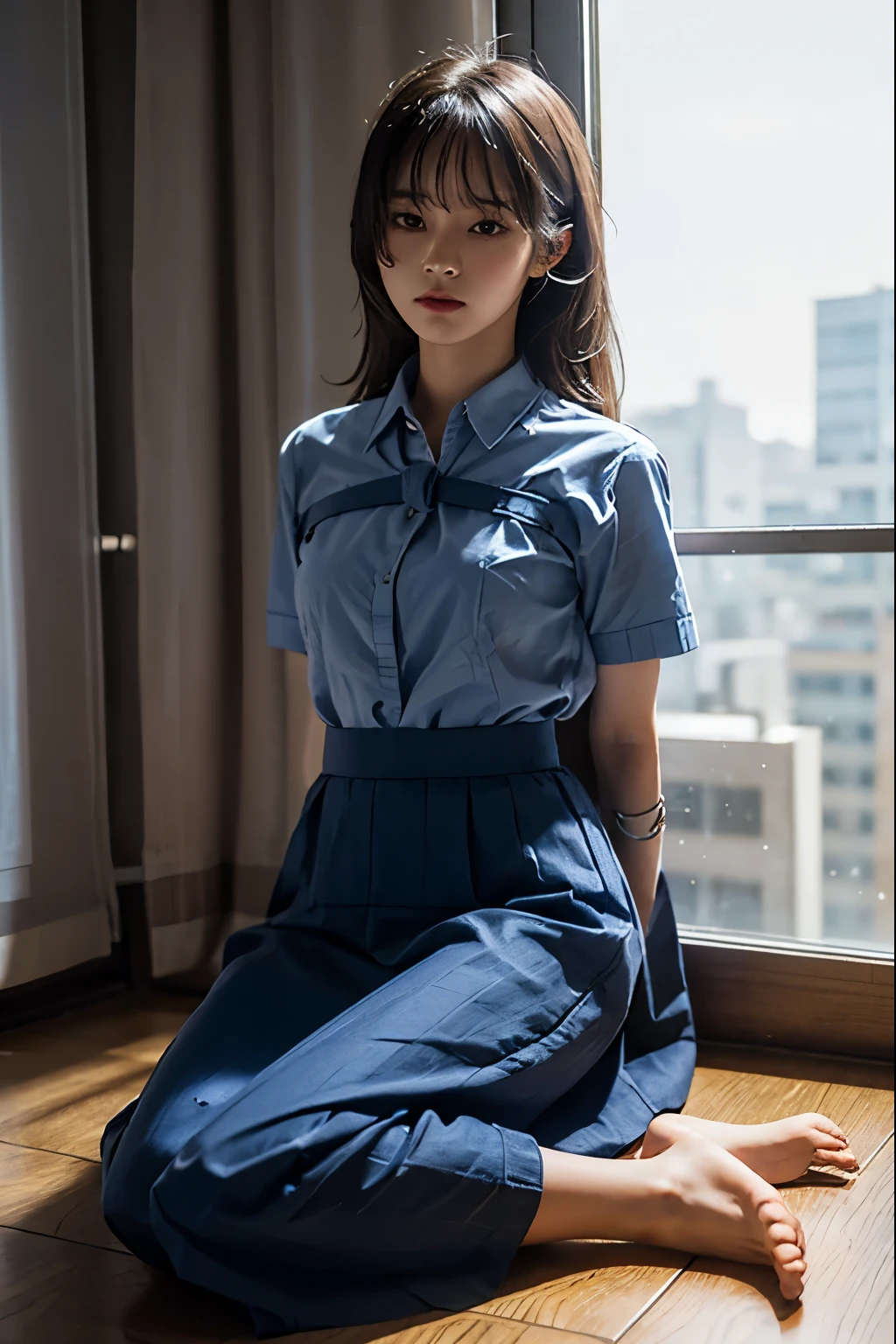 A cute girl is confined and tied up、A room with the lights on at night、Blue semi-long skirt、Red short sleeve shirt、Sitting on the floor、Beauty、Age 25、Medium build、Outside the window is night、Like real life、
