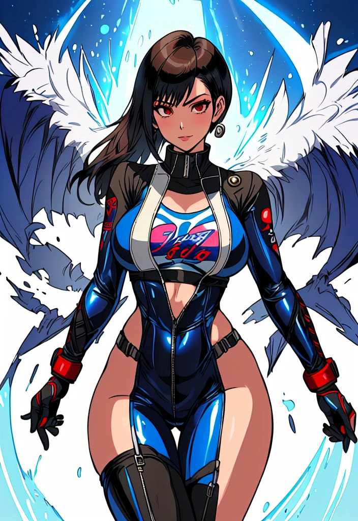 (um desenho animado de uma mulher sozinha em um terno de látex azul inspirado em: nico robin, Tifa Lockhart, vou fazer fanart também, Hinata Hyuuga, Mayuri Shiina, personagem do rei dos lutadores, desenhado como o speed racer do anime), garota anime sedutora,  grosso, biomechanical Oppai, em uma pista de corrida, Oppai, vestindo terno apertado, pista de corrida cyberpunk, (ilustração inspirada em : f zero, linha Vermelha, Wipeout, piloto de velocidade e rei dos lutadores)