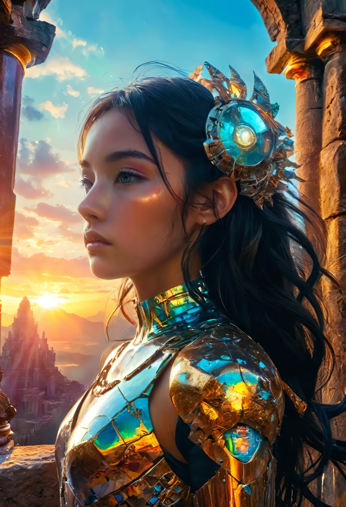 (best quality,4k,8k,highres,masterpiece:1.2),ultra-detailed,realistic:1.37,a beautiful Italian cyborg girl standing in the ruins of the Inca Empire, Insertion, metallic body, glowing cybernetics, graceful facial features, mysterious eyes, cybernetic enhancements, ethereal appearance, the ancient stone structures, stones and vines, delicate lotus blossoms, steampunk-inspired elements, ancient technology fused with futuristic enhancements, vibrant colors contrasting with the weathered ruins, fierce determination in her eyes, holding a holographic map to unlock the secrets of the lost civilization, artistic portrait with surreal elements, soft lighting creating a dreamlike atmosphere, colorful sunrise painting the sky with shades of orange and pink, scattered ancient artifacts hinting at a forgotten past, Naomi Scott, ocean view, 