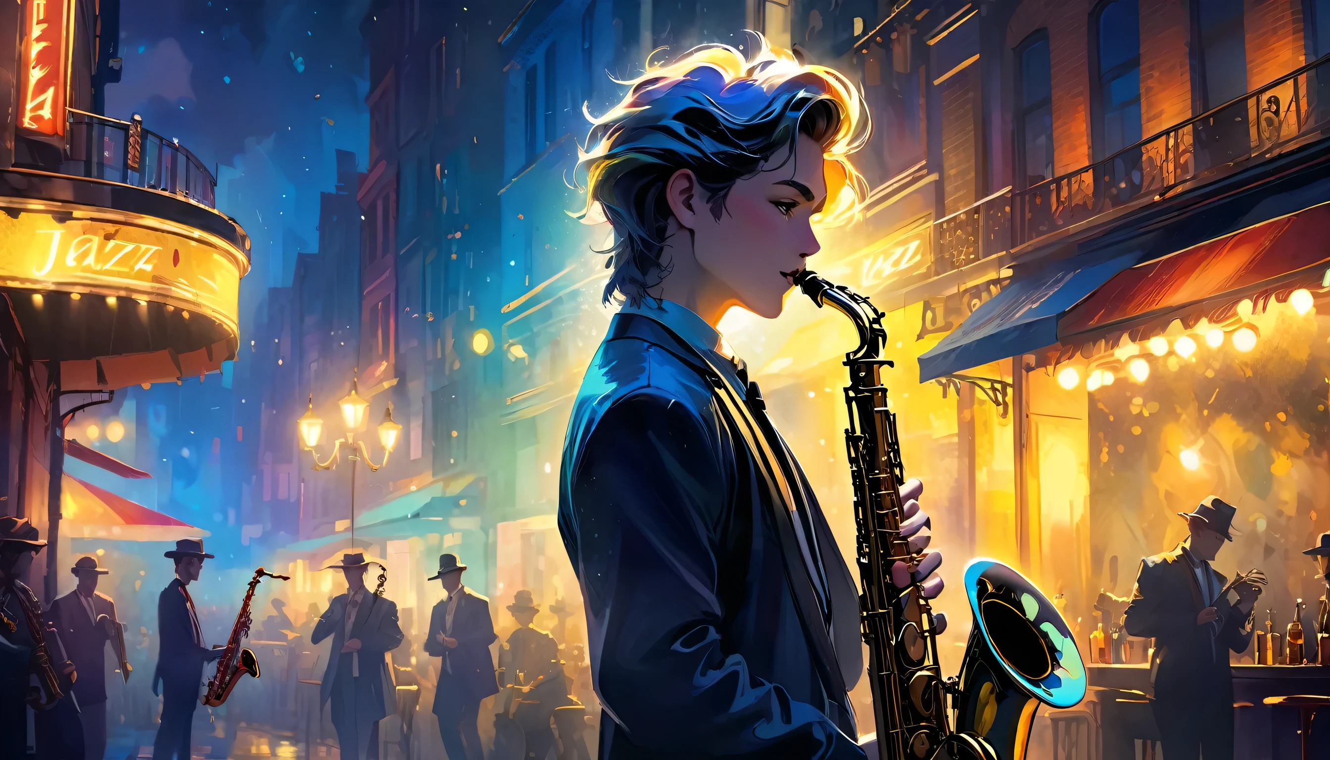 Un joven andrógino、saxofonista、Jugador de jazz、sombra profunda、Fondo de la barra de jazz、 iluminación dramática, Muy realista, 8K,
Detalles locos, complejo, bokeh, Saxofón exquisito Colores vibrantes, Pino Daeni, Vincent Van Gogh, Luis Royo, Frank Frazetta