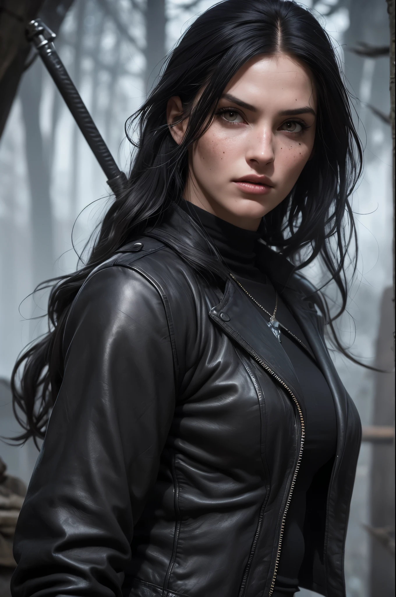 linda com longos cabelos pretos,olhos azuis como safiras, semelhanate a yennefer do jogo the witcher, She wears a black leather jacket and is in the middle of a fierce battle against enemy soldiers...., your face is stained with freckles, Your skin is white, and his expression is angry