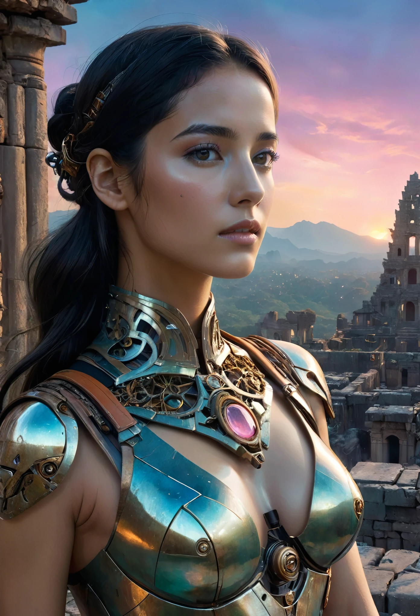 (best quality,4k,8k,highres,masterpiece:1.2),ultra-detailed,realistic:1.37,a beautiful Italian cyborg girl standing in the ruins of the Inca Empire, Insertion, metallic body, glowing cybernetics, graceful facial features, mysterious eyes, cybernetic enhancements, ethereal appearance, the ancient stone structures, stones and vines, delicate lotus blossoms, steampunk-inspired elements, ancient technology fused with futuristic enhancements, vibrant colors contrasting with the weathered ruins, fierce determination in her eyes, holding a holographic map to unlock the secrets of the lost civilization, artistic portrait with surreal elements, soft lighting creating a dreamlike atmosphere, colorful sunrise painting the sky with shades of orange and pink, scattered ancient artifacts hinting at a forgotten past, Naomi Scott, ocean view, 