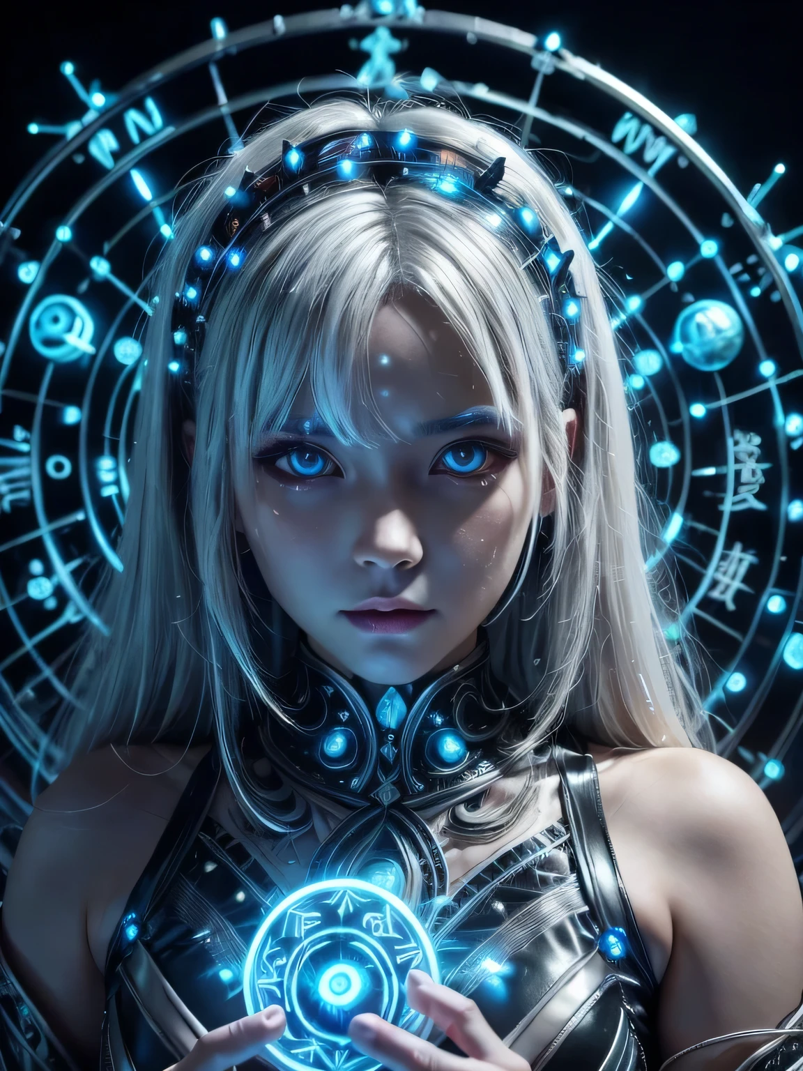 ((upper body)), best quality, masterpiece, a Japanese woman with ((Luminescence white hair)), ((detailed pearl blue eye)), high detailed goddess soul, focus on character, solo, (style swirl magic), solo, from front, front view, looking at viewer, detailed face, ((Luminescence Lighting Magic Circle theme)), perched on a ledge, tight neon body, light streaks, dark abyssal wanderer abstract, ((Simple Luminescence Neon Gown)), inscribed with mystical runes, outdoor dystopian background,