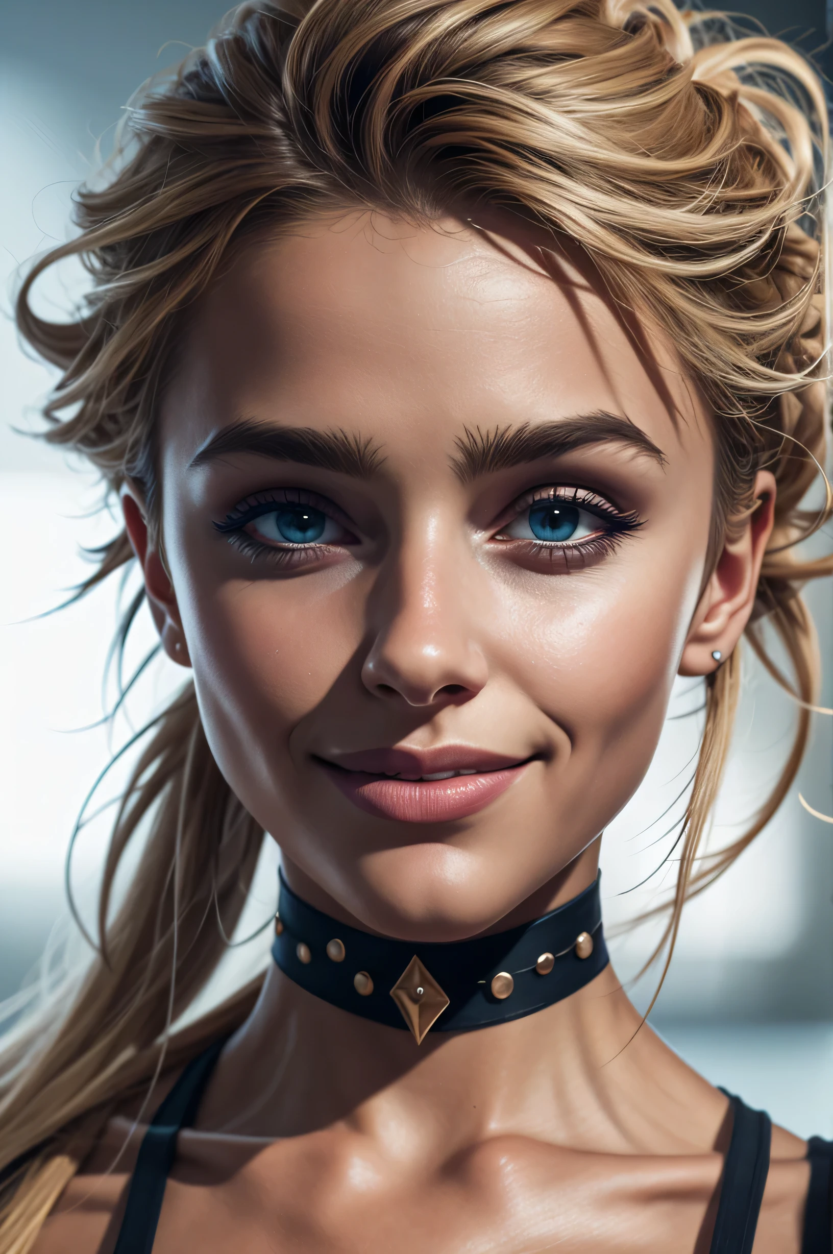 a close-up image of a beautiful woman with a choker, 25 years old, super happy, big smile, wide eyes, realistic skin, super defined and contoured lip contour, tanned Skin, beautiful face, no makeup, no eyeliner, no eyelashes, (eyelashes not be visible), (should not be visible), voluminous lips, looking at the camera, super defined and detailed eyebrows, extremely symmetrical face, Hair tied back, extremely fine details, Ultra defined realism, ultra HD 8K resolution, extremely realistic and detailed skin, no visible shadows, defined eyebrows, substance painter render, (Hair cannot be in front of the face), 8k, best quality, masterpiece, realistic, ultra detail, photo realistic, hyper realistic, smoother lighting, increase cinematic lighting quality, realistic lighting, backlighting, brightening light, Increase quality, best quality real texture skin, close-up, slender, mystical background