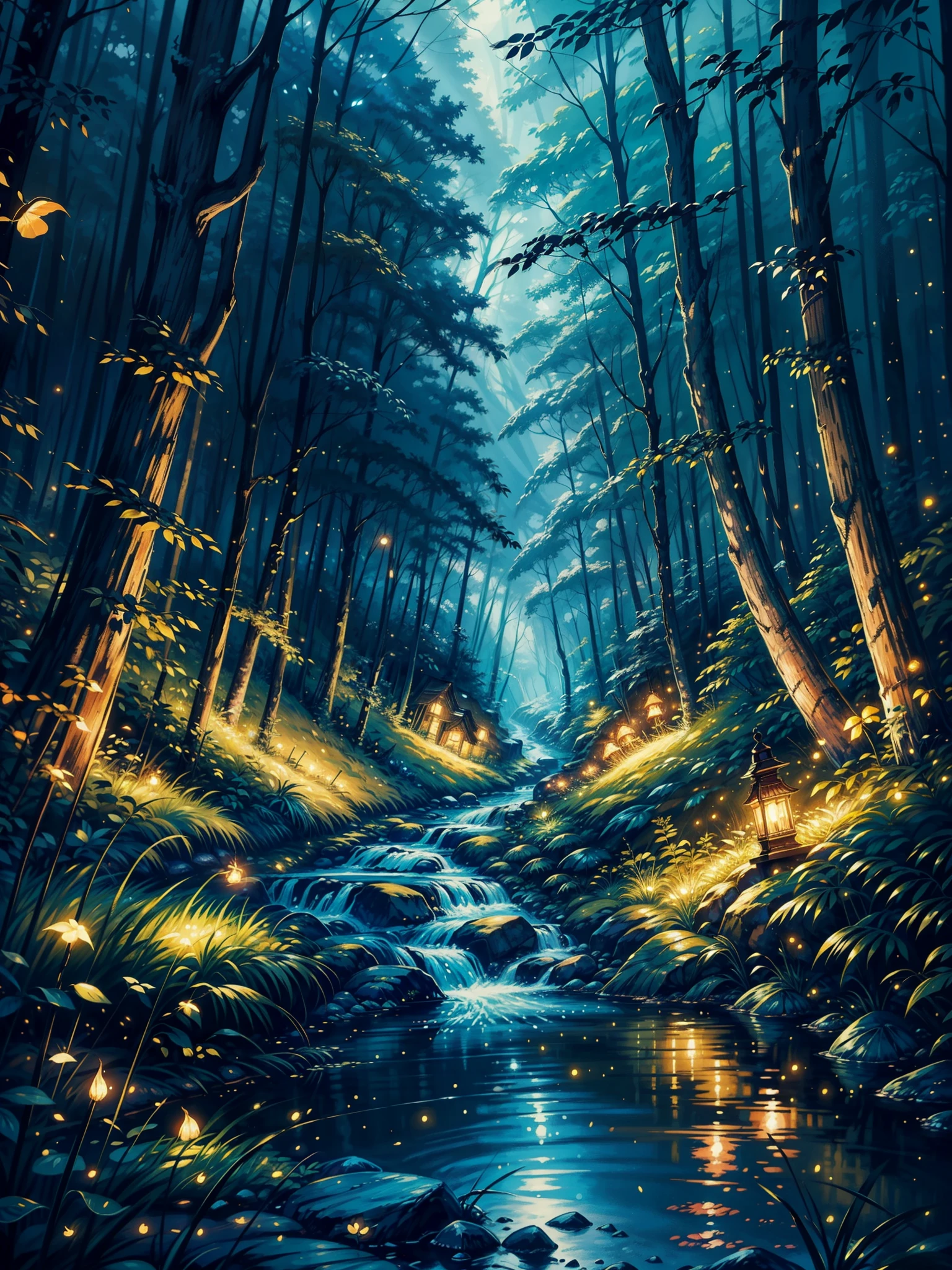 uma pintura de um riacho correndo por uma floresta, floresta mágica com vaga-lumes, cenário de floresta mágica, floresta de vaga-lumes à noite, vaga-lumes voando na floresta, Floresta Noturna background, Cena noturna tranquila da floresta, Luzes de vagalumes dourados, Floresta Noturna, fundo de floresta mágica, Orbes dourados e vagalumes, arte de cenário de sonho, floresta mágica de fantasia, vaga-lumes noturnos aconchegantes