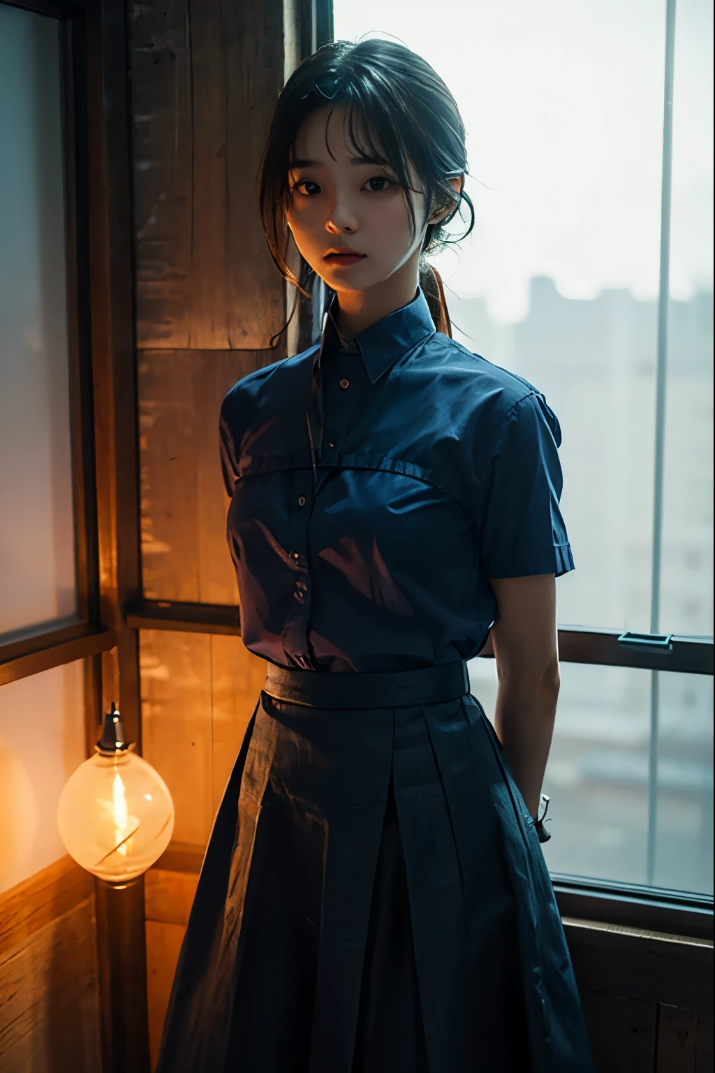 A cute girl is confined and tied up、A room with the lights on at night、Blue semi-long skirt、Red short sleeve shirt、Are standing、Beauty、Age 25、Medium build、Outside the window is night、Like real life、highest quality、