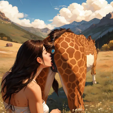 feral giraffe, female, horse pussy, buttplug, pussy juice, day, mountain on the background, rain, on the field, panties pulled d...