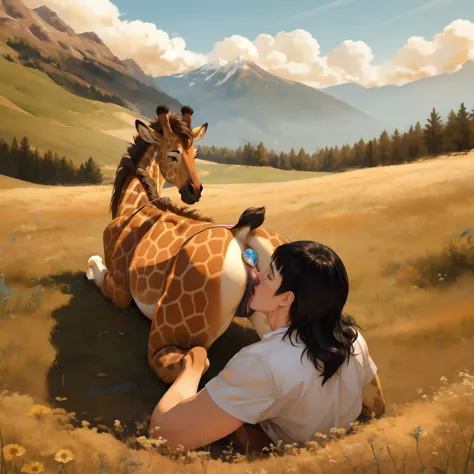 feral giraffe, female, horse pussy, buttplug, pussy juice, day, mountain on the background, rain, on the field, panties pulled d...