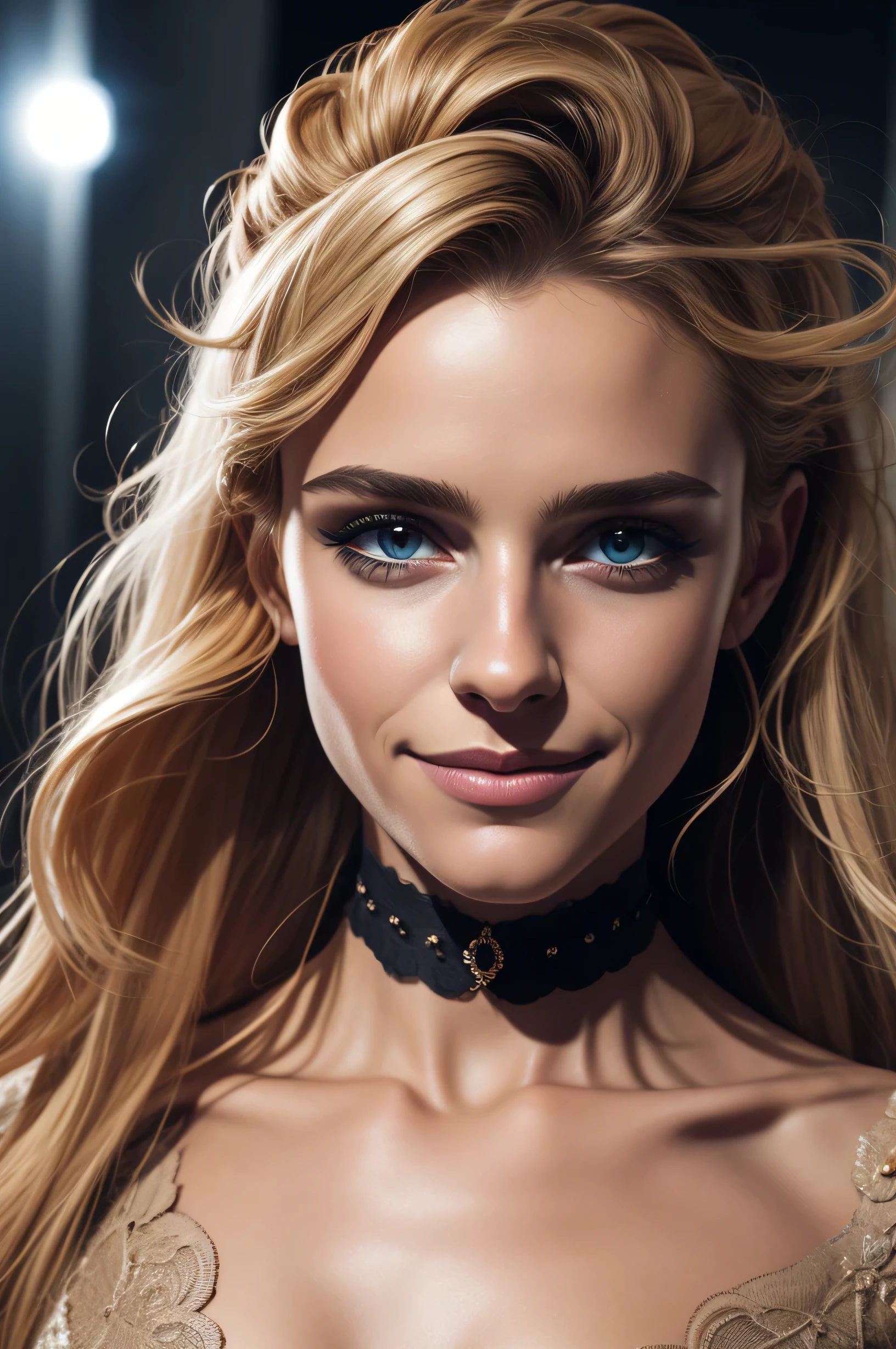 a Nahaufnahme image of a beautiful woman with a choker, 25 Jahre alt, Super glücklich, großes Lächeln, große Augen, realistisch skin, super definierte und konturierte Lippenkontur, gebräunte Haut, schönes Gesicht, Kein Make up, kein Eyeliner, keine Wimpern, (Wimpern nicht sichtbar sein), (sollte nicht sichtbar sein), voluminöse Lippen, in die Kamera schauen, super definierte und detaillierte Augenbrauen, extrem symmetrisches Gesicht, Haare zurückgebunden, extrem feine Details, Ultradefinierter Realismus, Ultra HD 8K Auflösung, extremely realistisch and detailed skin, keine sichtbaren Schatten, definierte Augenbrauen, Substanz Maler rendern, (Haare dürfen nicht vor dem Gesicht sein), 8k, beste Qualität, Meisterwerk, realistisch, Ultra-Detail, photo realistisch, hyper realistisch, Sanftere Beleuchtung, Verbessern Sie die Qualität der Kinobeleuchtung, realistisch lighting, Hintergrundbeleuchtung, aufhellendes Licht, Qualität steigern, beste Qualität real texture skin, Nahaufnahme, slender, mystischer Hintergrund