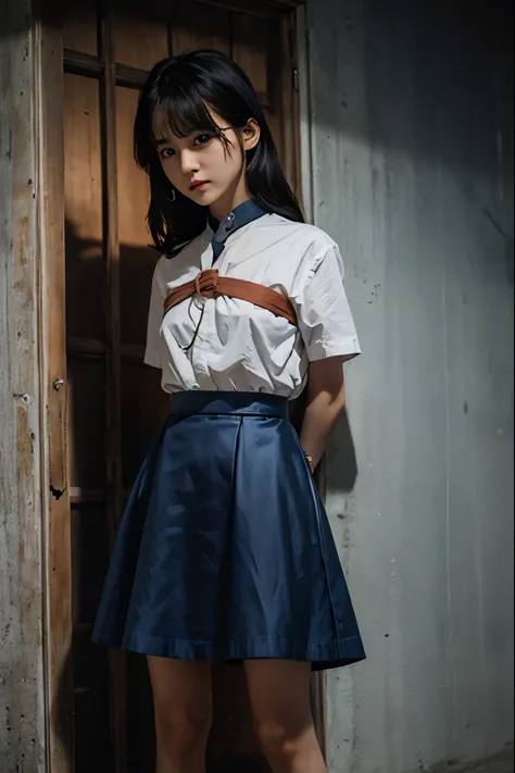 A cute girl is confined and tied up、A room with the lights on at night、Blue semi-long skirt、Red short sleeve shirt、Standing in f...