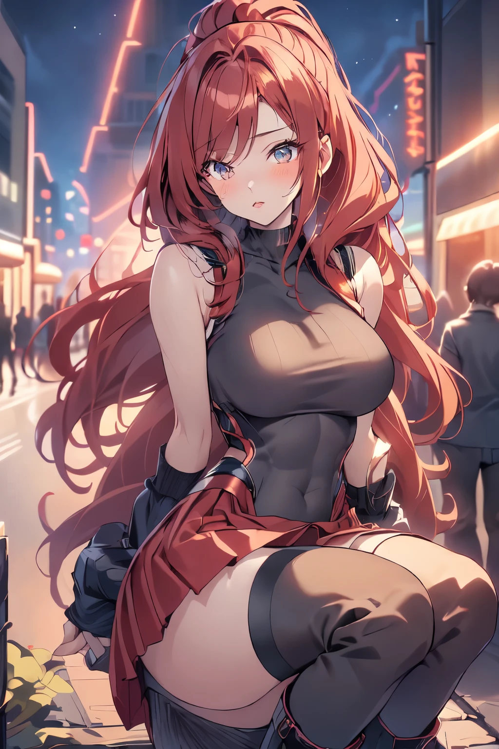 a woman redhaired, leggings, pleated skirt, sports top, high ponytail, high boots, long fur jacket, on a hazy moonlit night in a ghost town, monochrome style, line art, detailed face, detailed eye's, detailed lips, wide hips