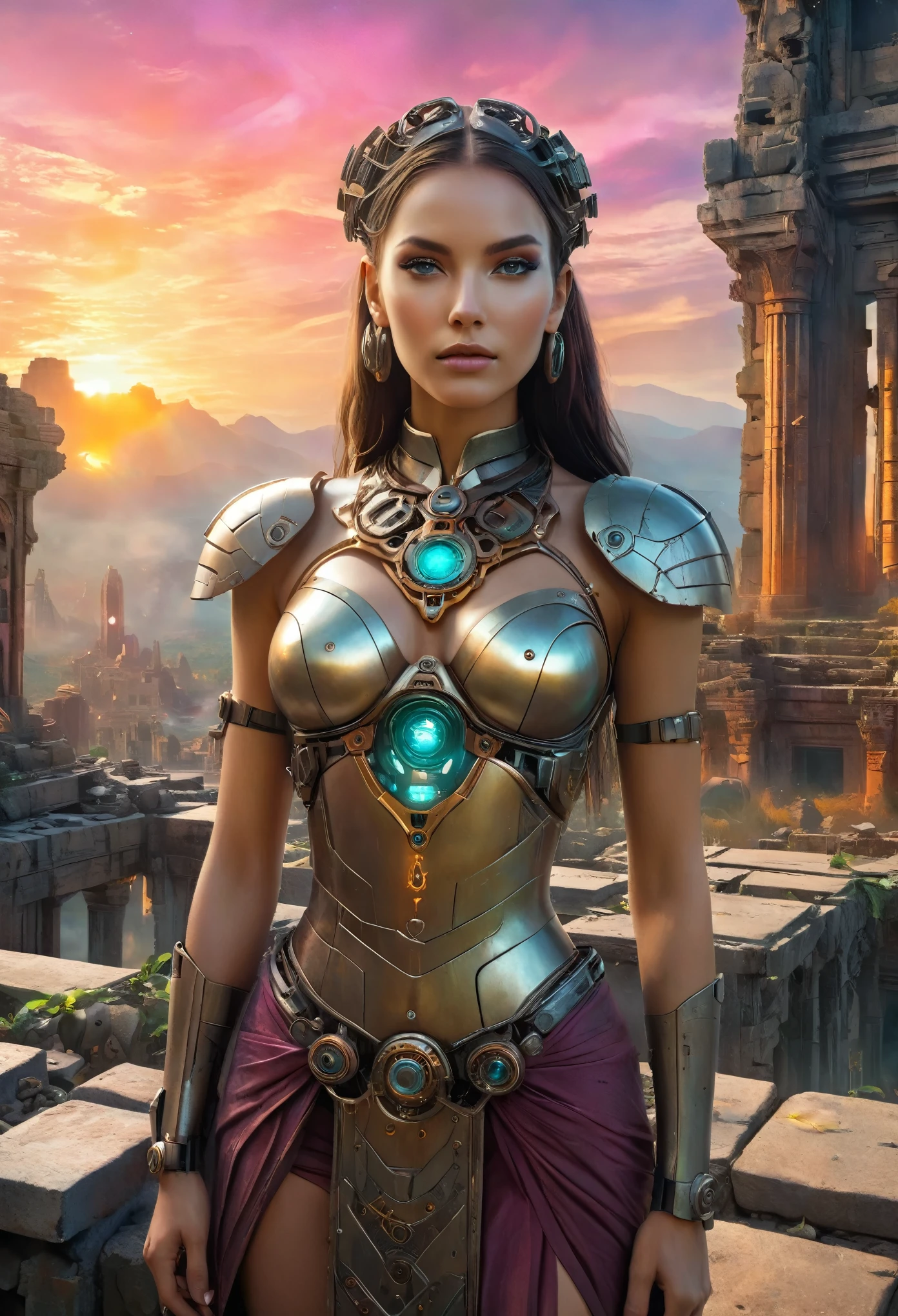 (mejor calidad,4k,8k,alta resolución,Obra maestra:1.2),ultra detallado,Realista:1.37,una hermosa chica cyborg parada en las ruinas del Imperio Inca, inserción, cuerpo metalico, glowing cybernetics, Rasgos faciales elegantes, ojos misteriosos, mejoras cibernéticas, apariencia etérea, las antiguas estructuras de piedra, piedras y enredaderas, delicadas flores de loto, elementos inspirados en steampunk, Tecnología antigua fusionada con mejoras futuristas., colores vibrantes que contrastan con las ruinas erosionadas, Determinación feroz en sus ojos, sosteniendo un mapa holográfico para desbloquear los secretos de la civilización perdida, retrato artístico con elementos surrealistas, iluminación suave creando una atmósfera de ensueño, colorido amanecer pintando el cielo con tonos naranja y rosa, artefactos antiguos dispersos que insinúan un pasado olvidado.