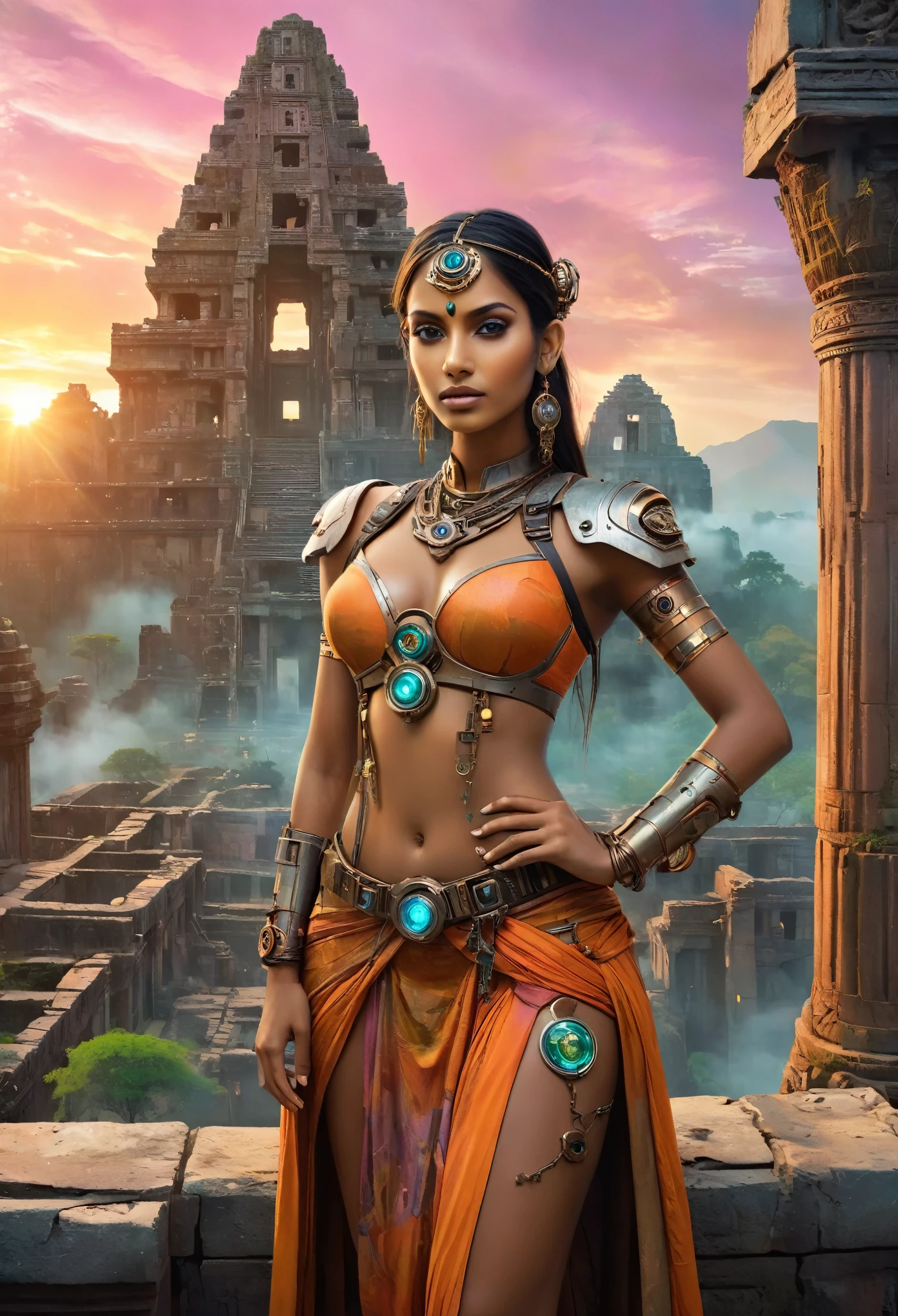 (best quality,4k,8k,highres,masterpiece:1.2),ultra-detailed,realistic:1.37,a beautiful Indian cyborg girl standing in the ruins of the Inca Empire, Insertion, metallic body, glowing cybernetics, graceful facial features, mysterious eyes, cybernetic enhancements, ethereal appearance, the ancient stone structures, stones and vines, delicate lotus blossoms, steampunk-inspired elements, ancient technology fused with futuristic enhancements, vibrant colors contrasting with the weathered ruins, fierce determination in her eyes, holding a holographic map to unlock the secrets of the lost civilization, artistic portrait with surreal elements, soft lighting creating a dreamlike atmosphere, colorful sunrise painting the sky with shades of orange and pink, scattered ancient artifacts hinting at a forgotten past.