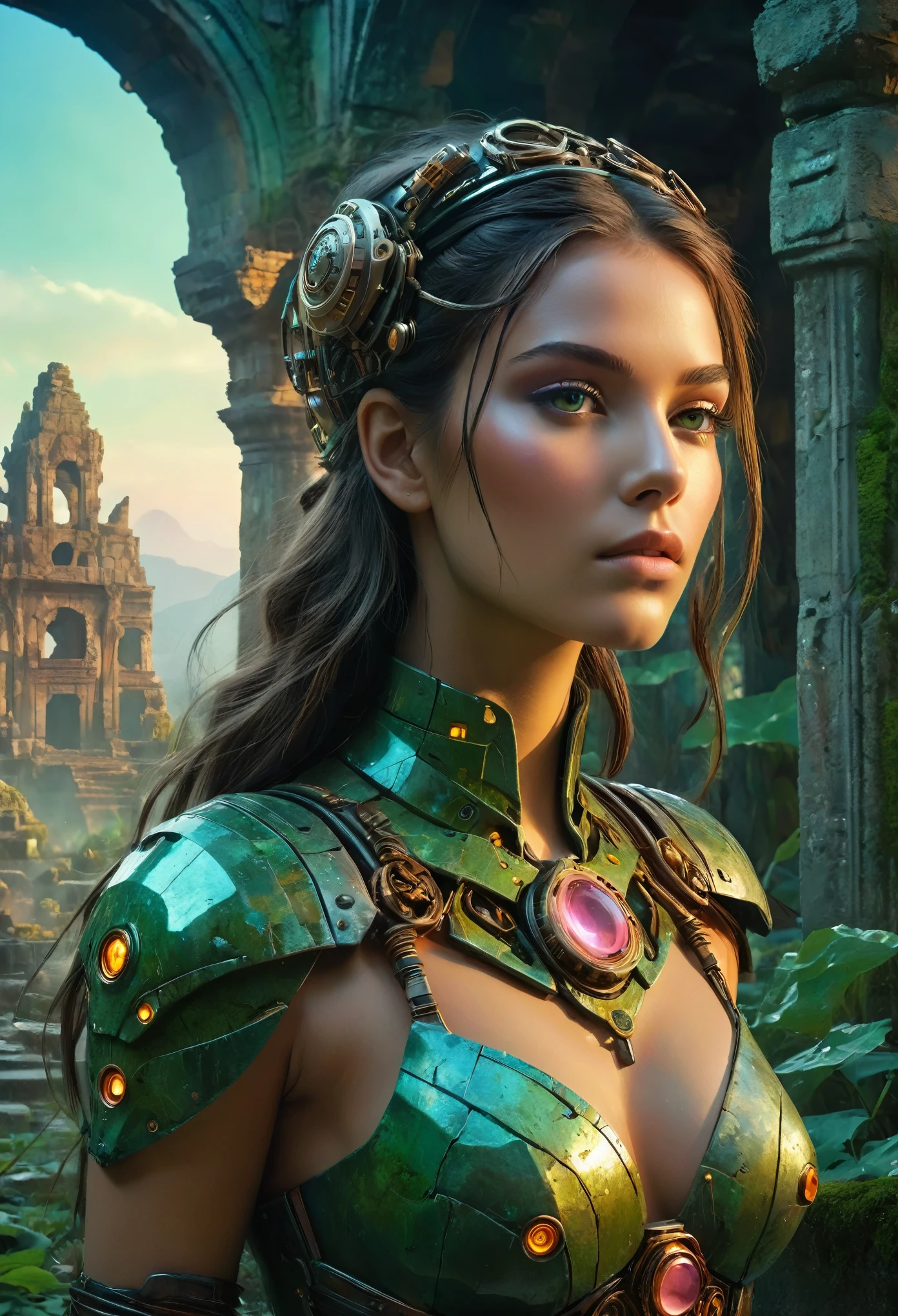 (best quality,4k,8k,highres,masterpiece:1.2),ultra-detailed,realistic:1.37,a beautiful cyborg girl standing in the ruins of the Inca Empire,Insertion,metallic body,glowing cybernetics,graceful facial features,mysterious eyes,cybernetic enhancements,ethereal appearance,sunlight filtering through the ancient stone structures,green moss-covered stones and vines,delicate lotus blossoms,steampunk-inspired elements,ancient technology fused with futuristic enhancements,vibrant colors contrasting with the weathered ruins,fierce determination in her eyes,holding a holographic map to unlock the secrets of the lost civilization,artistic portrait with surreal elements,soft lighting creating a dreamlike atmosphere,colorful sunrise painting the sky with shades of orange and pink,scattered ancient artifacts hinting at a forgotten past.