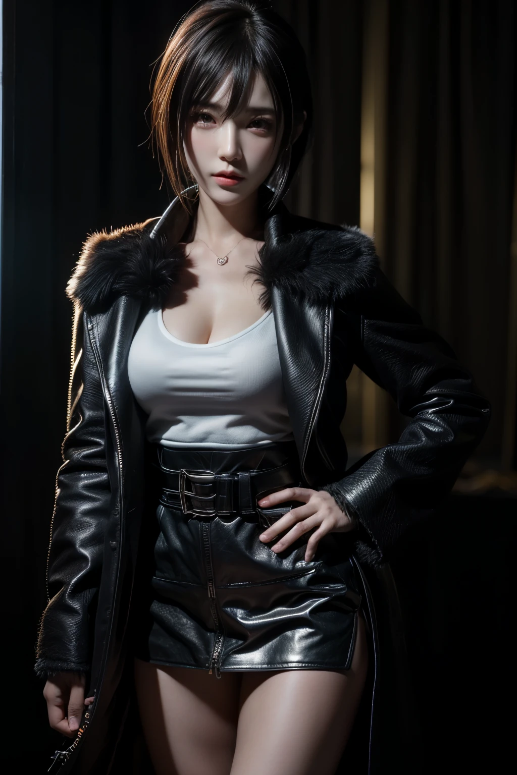 there is una mujer with a fur coat and a belt, chica anime en la vida real, render fotorrealista de chica anime, ig model | artegerm, Fubuki de One Punch Man, corte de pelo hime verde, con pelo corto, estilo artístico realista, masayoshi suto and artegerm, 8K, imagen de alta calidad, obra maestra, textura detallada del cabello, Textura de piel detallada, Textura de tela detallada, 8K, Agregar detalles de tela, ultra Textura de piel detallada, foto ultra detallada, poros de la piel, detalles de tela, detalles de piel alta, detalles realistas del cabello, luz dramática, una mujer, mirando a los espectadores.