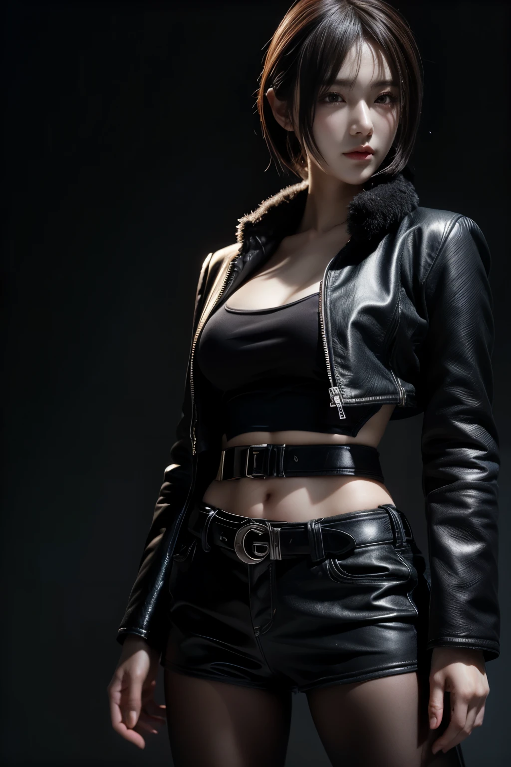 there is a woman with a fur coat and a belt, anime girl in real life, photorealistic anime girl render, ig model | artgerm, fubuki from one punch man, green hime cut hair, with short hair, realistic artstyle, masayoshi suto and artgerm, 8k, High quality image, masterpiece, detailed hair texture, detailed skin texture, detailed cloth texture, 8k, add fabric details, ultra detailed skin texture, ultra detailed photo, skin pores, cloth details, high skin details, realistic hair details, dramatic light, a woman, looking at the viewers.