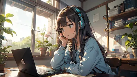 Create a cozy and serene scene featuring a three-head-tall girl with headphones studying in a home office. The girl should be de...