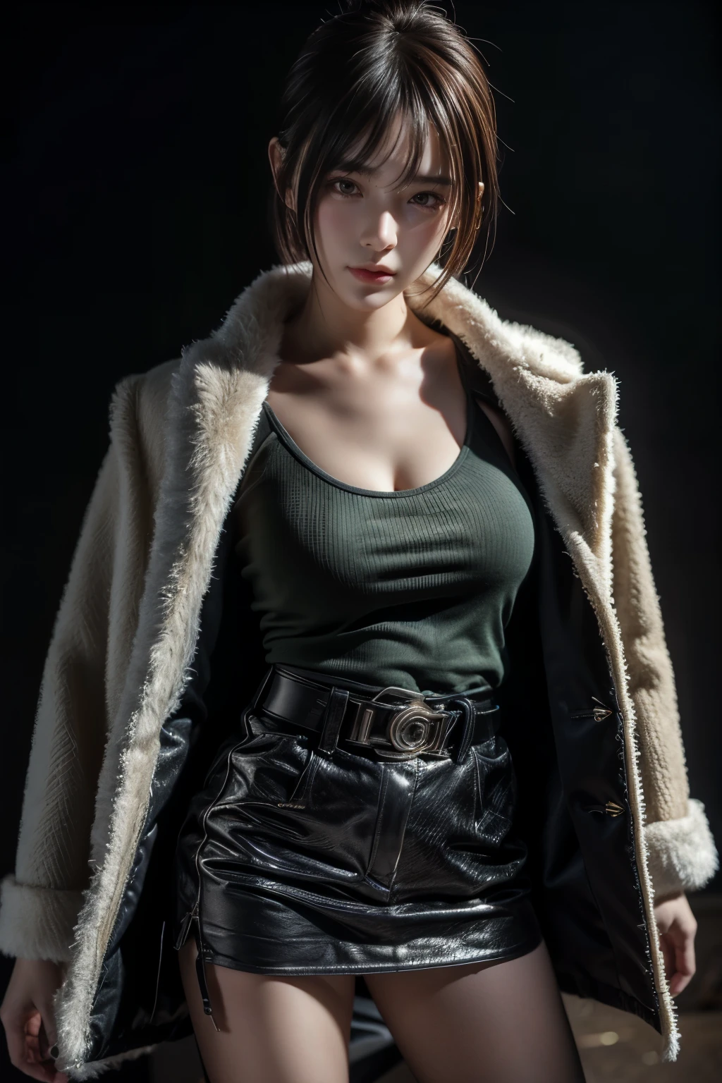 there is a woman with a fur coat and a belt, anime girl in real life, photorealistic anime girl render, ig model | artgerm, fubuki from one punch man, green hime cut hair, with short hair, realistic artstyle, masayoshi suto and artgerm, 8k, High quality image, masterpiece, detailed hair texture, detailed skin texture, detailed cloth texture, 8k, add fabric details, ultra detailed skin texture, ultra detailed photo, skin pores, cloth details, high skin details, realistic hair details, dramatic light, a woman, looking at the viewers.