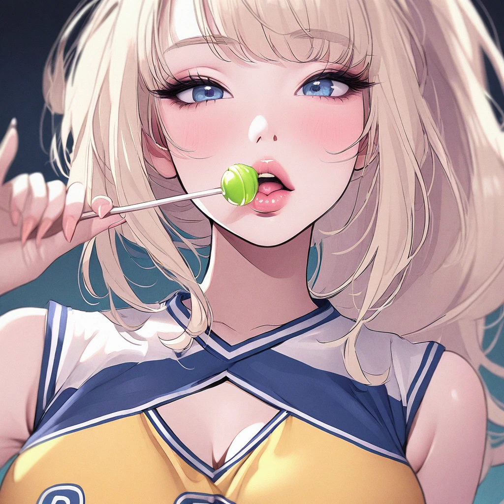 Girl, light blonde hair, blue eyes, beautiful, cheerleader uniform, pastel colors, face close-up, flat, ponytail, sucking a green lollipop, lipgloss, brat, holding lollipop, lips, sexy, spoiled brat, licking, sensual, hot, lips