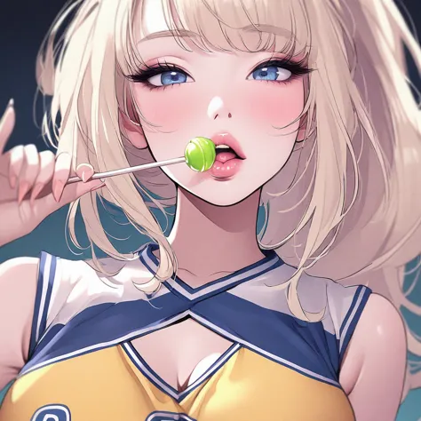 girl, light blonde hair, blue eyes, beautiful, cheerleader uniform, pastel colors, face close-up, flat, ponytail, sucking a gree...