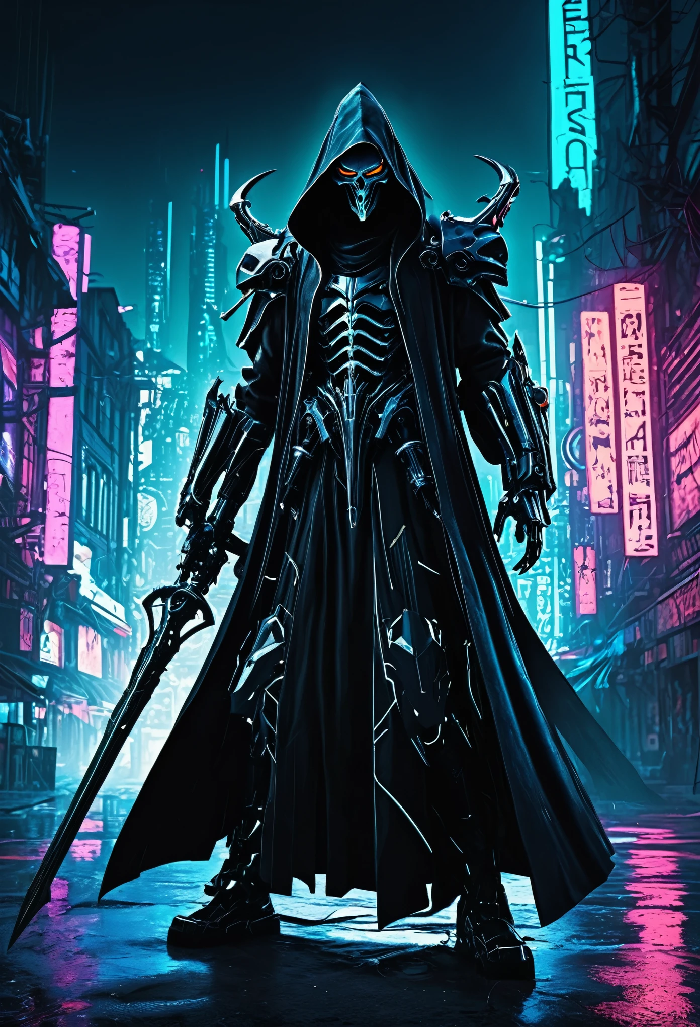(best quality, highres), detailed mecha Black Grim Reaper, black robe，limbs, scythe weapon, ominous presence, dramatic shadows, dystopian atmosphere, cyberpunk aesthetic, metallic textures, hauntingly beautiful, intense color contrast, dynamic composition,futuristic cityscape, glowing neon lights, 
