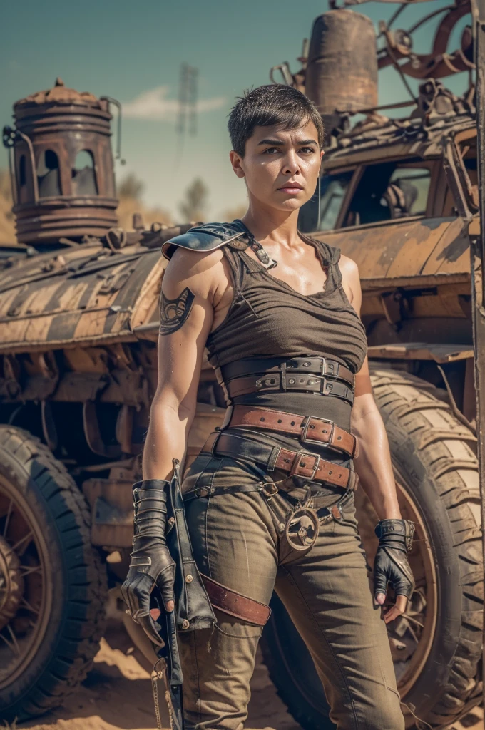 (Furiosa), Best_QualityPos, RAW photo, intricate details, best quality, 8k uhd, dslr, soft lighting, 1girl, solo, slender body, single pauldron, single mechanical arm, shirt, belt, pants, facepaint, very short hair, 20 years old female , 8K, mad max landscape in the background