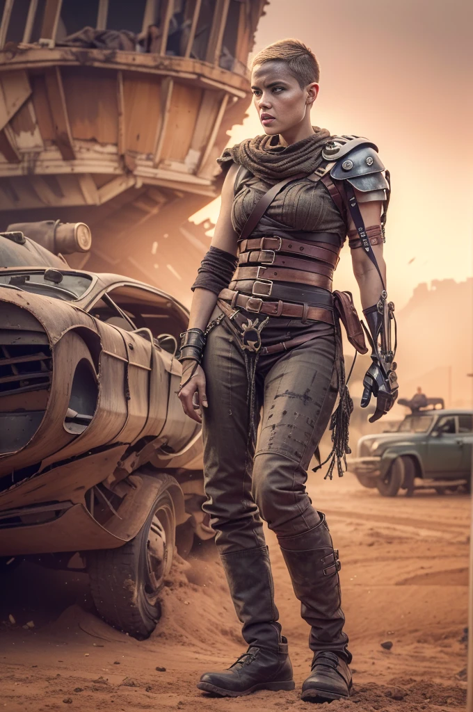 (Furiosa), Best_QualityPos, RAW photo, intricate details, best quality, 8k uhd, dslr, soft lighting, 1girl, solo, slender body, single pauldron, single mechanical arm, shirt, belt, pants, facepaint, very short hair, 20 years old female , 8K, mad max landscape in the background