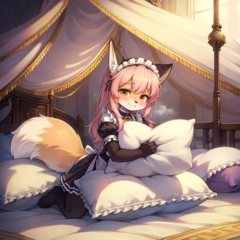 （masterpiece，best quality），my own, the beast, , (light and shadow suitable for any pillow background））, 穿着maid costume的可爱女孩在枕头上摆...