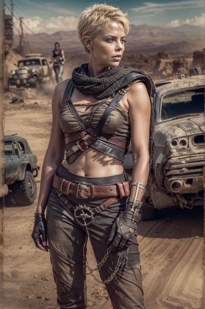 (Charlize Theron), Best_QualityPos, RAW photo, intricate details, best quality, 8k uhd, dslr, soft lighting, 1girl, solo, slender body, Furiosa, single pauldron, single mechanical arm, shirt, belt, pants, facepaint, very short hair, 20 years old female , 8K, mad max 2 fury road landscape in the background

