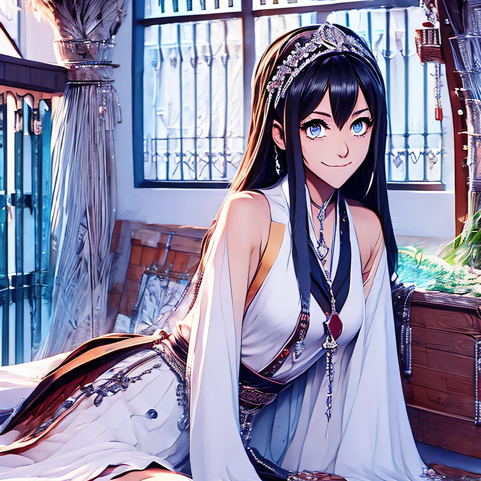 Anime girl in white dress sitting on bed with a bird in the background -  SeaArt AI