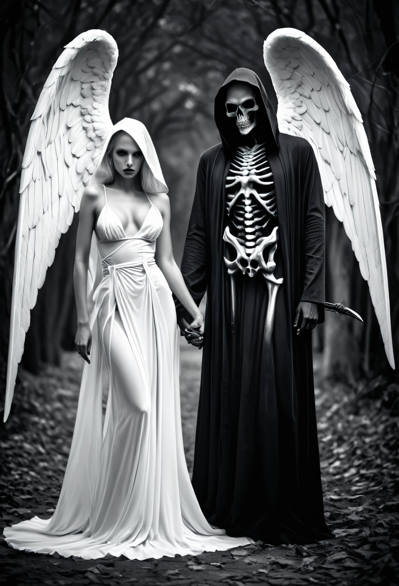 Confrontation of black and white, symmetrical composition, a evil Black Grim Reaper and a divine pure white female angel