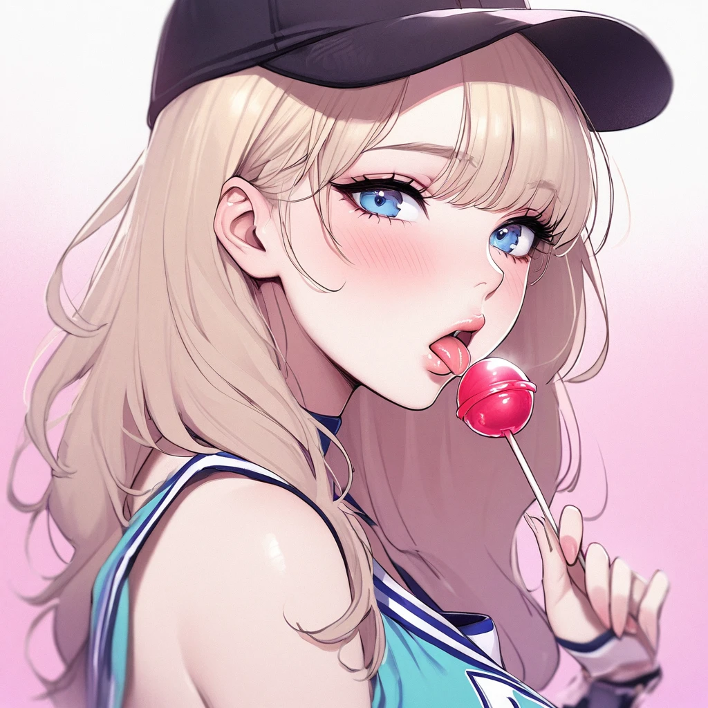 Girl, light blonde hair, blue eyes, beautiful, cheerleader uniform, pastel colors, face close-up, flat, sucking a red lollipop, lipgloss, brat, holding lollipop, lips, sexy, spoiled brat, licking, sensual, hot, lips, alluring, suggestive, teen, young