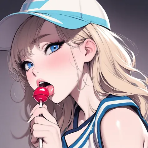 girl, light blonde hair, blue eyes, beautiful, cheerleader uniform, pastel colors, face close-up, flat, sucking a red lollipop, ...