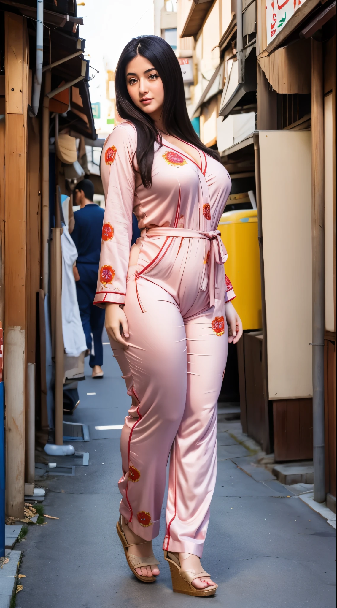 A woman in a pink dress is standing in a narrow alley - SeaArt AI